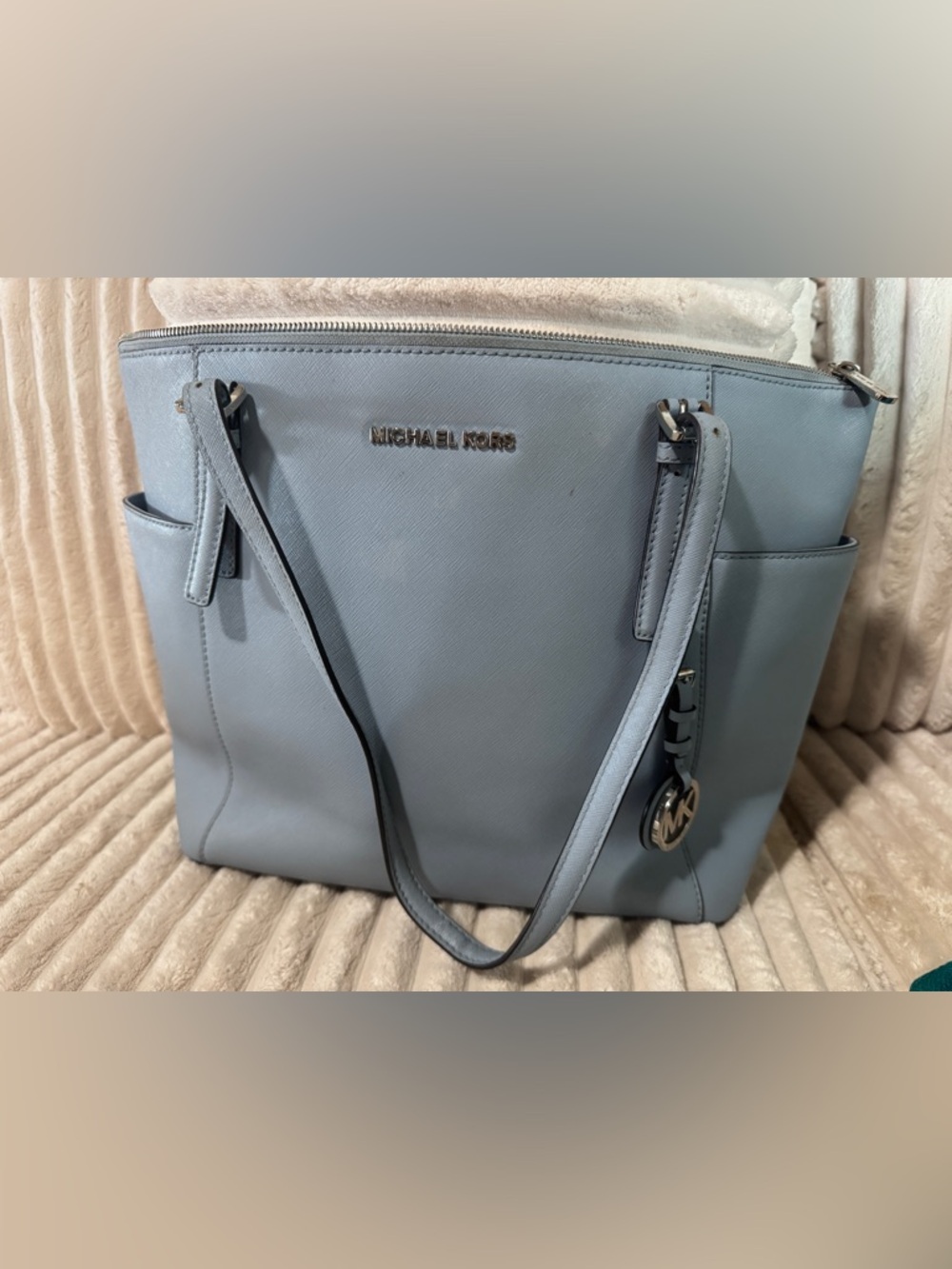 Michael Kors Pale Blue Leather Tote with MK Charm